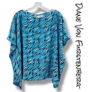 Diane von Furstenberg DVF New Hanky Silk Blue Patterned Top Oversized Womens S